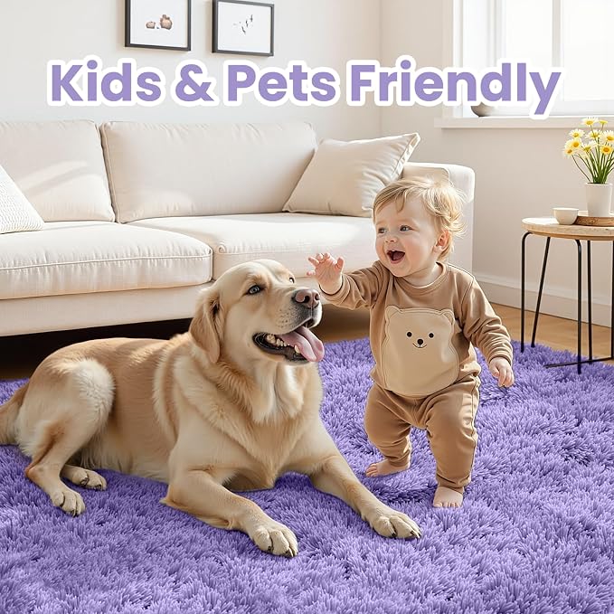 6x9 Fluffy Shag Area Rugs for Living Room Bedroom: Soft Plush Carpet Purple | Upgraded Non-Slip Thick Memory Foam, Ultra Soft, Non-Shedding Fuzzy Carpet, Easy Clean Decor for Kids Room, Nursery, Playroom