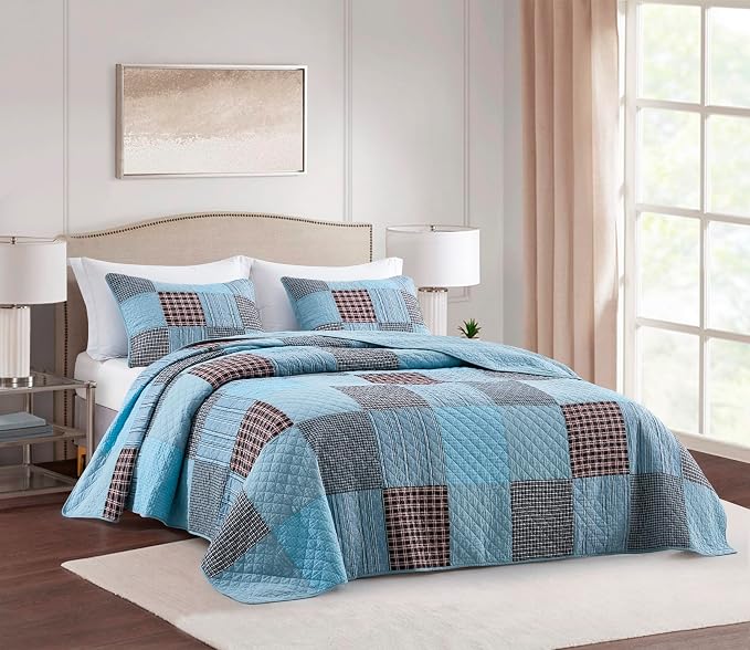 Chezmoi Collection Bram 3-Piece Patchwork Quilt Set King - Pre-Washed Cotton Solid Plaid Multi Striped Coverlet - Lightweight Reversible Bedspread Bedding Set King Size