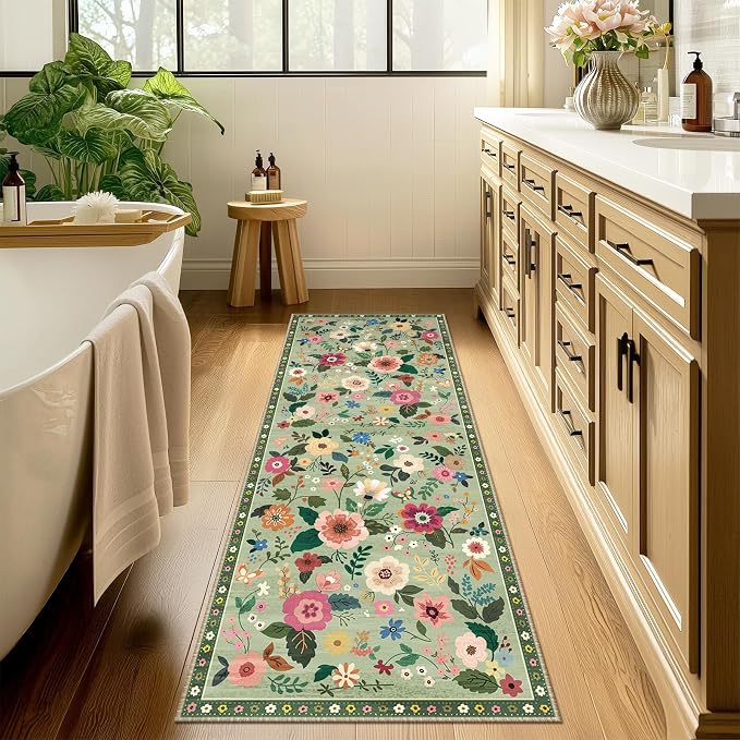 Floral Washable 2x6 Area Rugs Runner Entryway Hallway LightGreen | Flower Carpet, Print, Boho, Non-Slip, Easy to Clean, Low Pile, Soft, for Living Room Bedroom Kitchen Office Entrance