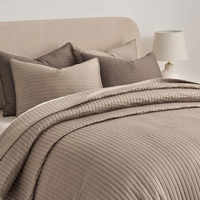 EVERGRACEHOME Cotton Sateen Quilt Set, Queen Size, Stone Taupe | 100% Cotton, Channel Stitch Coverlet Bedspread, Pre-Washed Lightweight Soft Bedding Set for All Season, 3 Piece, with 2 Shams
