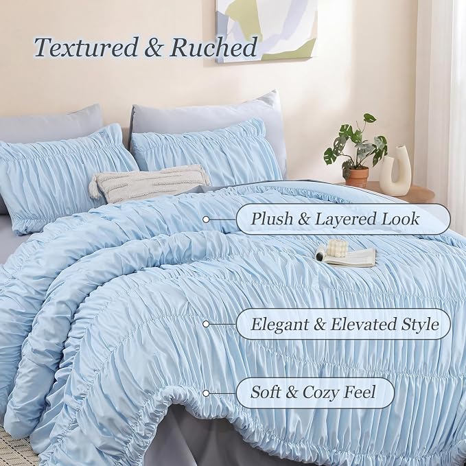 weigelia Light Blue Ruched Comforter Set King Size, Cute Girls Bedding Set | All Season, Soft Microfiber Comforter, Cozy Cinched Design for Home & Bedroom Decor (1 Comforter,2 Pillowcases)