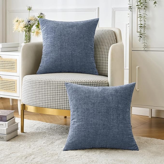 MIULEE Soft Chenille Throw Pillow Covers Dark Grey Blue 20x20 Pack of 2 | Modern Coastal Home Decor, Classic Decorative Pillows, Solid Dyed Cases, Boho Couch Cushion Covers for Sofa Bed Living Room