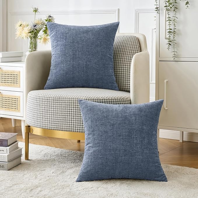 MIULEE Soft Chenille Throw Pillow Covers Dark Grey Blue 16x16 Pack of 2 | Modern Coastal Home Decor, Classic Decorative Pillows, Solid Dyed Cases, Boho Couch Cushion Covers for Sofa Bed Living Room
