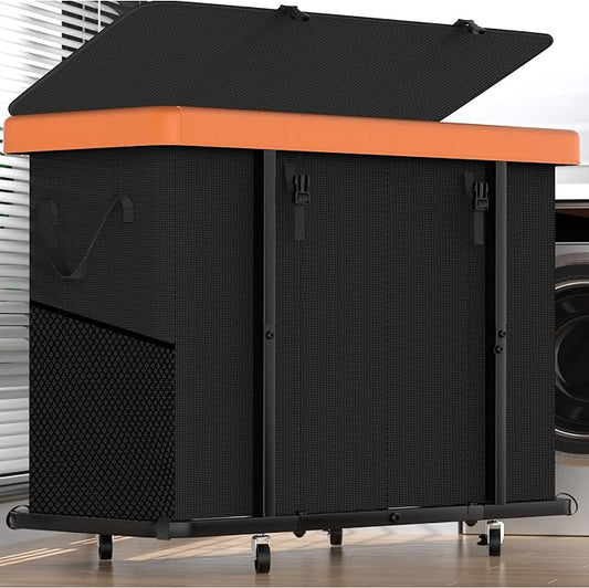 Laundry Basket with Wheels, 300L Leather Patchwork Laundry Sorter 4 Section | Sturdy Metal Frame, Removable Washable Bag, Tall Clothes Sorter for Bedroom - Black