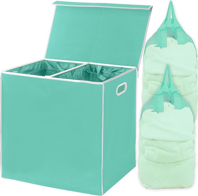 Simple Houseware Double Laundry Hamper with Lid & Removable Bags, Turquoise | with Handles for Bedroom, Laundry Room, Bathroom