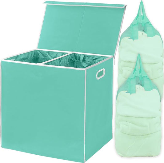 Simple Houseware Double Laundry Hamper with Lid & Removable Bags, Turquoise | with Handles for Bedroom, Laundry Room, Bathroom