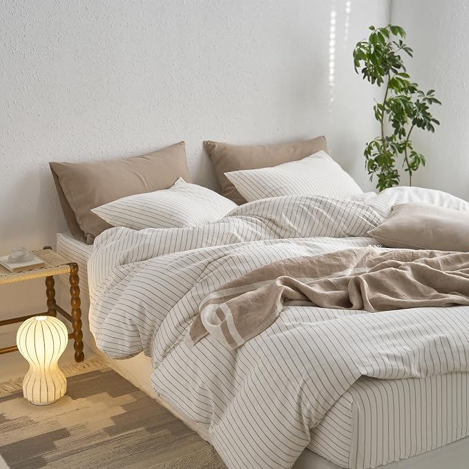 MooMee Striped Duvet Cover Set 100% Washed Cotton Linen Like King | Relaxed Linen-like Texture. Soft, Breathable & Long-lasting Comfort. Lightweight. Hidden Zipper with 8 Interior Corner Ties