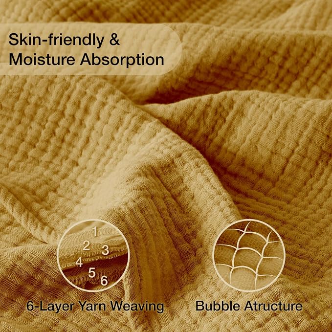 100% Cotton Muslin Blanket Twin 66" x 90", 6 Layers Breathable and Lightweight Cotton Blankets for Couch, Soft Cooling Summer Gauze Blanket for Adults All Season, Mustard