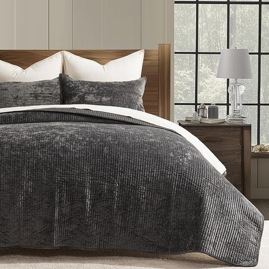 EverGrace Striped Channel Velvet Quilt Set, King Size, Washed Black | Luxurious Soft Lightweight Velvet Comforter, Oversized Bedspread Coverlet, Quilted Bedding Set for All Season, with 2 Shams