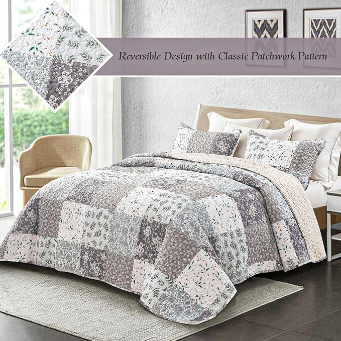 Whale Flotilla California King Size Quilt Set, Extra Soft Floral Bedspreads | Grey Reversible Lightweight Oversized King Quilt Bedding Set for Bed, Printed Coverlets with 2 Pillow Shams for All Seasons