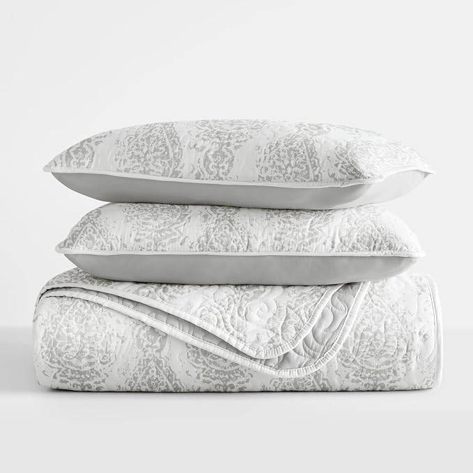 Merit Linens Soft Quilt Coverlet Bedding Set - Pattern/Solid Reversible - Full/Queen Light Gray