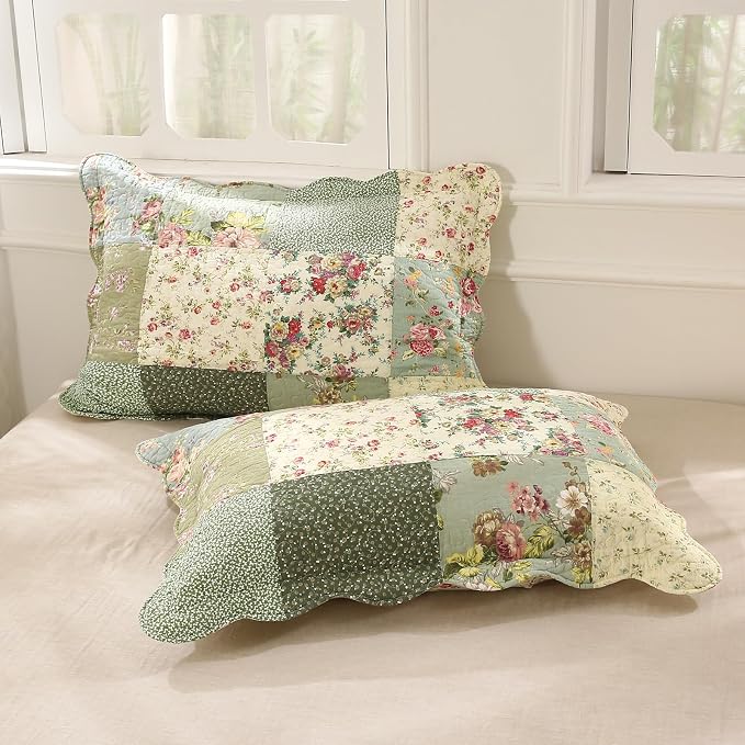vctops Boho Patchwork Cotton Quilted Bedspread Quilt Set King Size 3 Pieces Soft Reversible Lightweight Coverlet Set Floral Print 1 Quilt and 2 Pillow Shams (Green D,King)