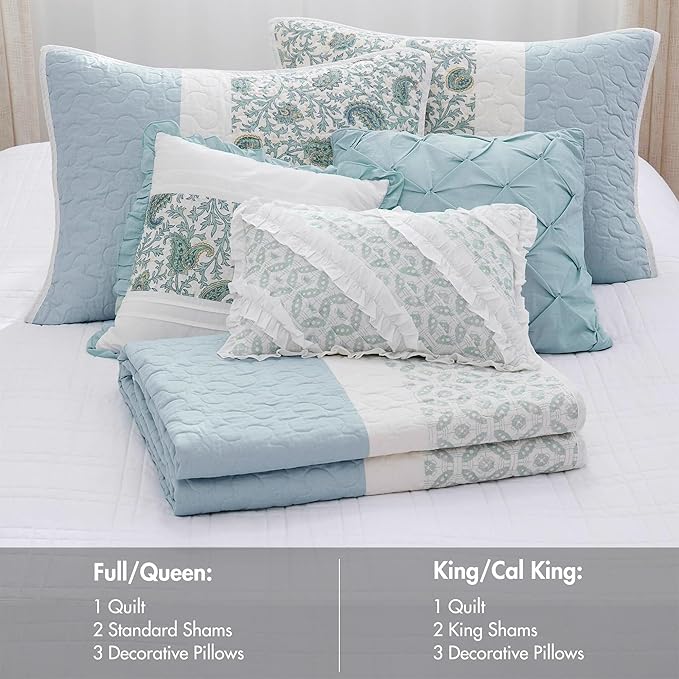 Madison Park Shabby Chic Cotton Quilt Set, 6PC King/Cal King Coverlet | Double-Sided Stitching Floral Design, All Season, with Shams, Bed Skirt, Decorative Pillows, Lightweight, Aqua