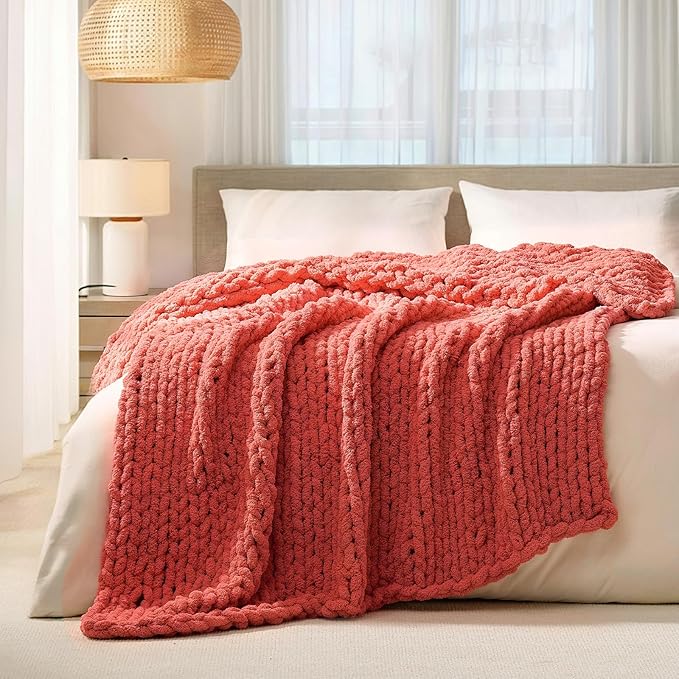 L'AGRATY Chunky Knit Throw Blanket for Couch, 50 x 60 Inches, Coral Pink | Handmade Chenille Crochet Blanket for Sofa Bed, Thick Cable Knitted Blankets for Room Home Decor, Birthday Gift for Women Mom
