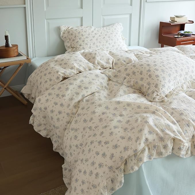Chic Shabby Vintage Floral Duvet Cover Twin for Kids Girls Boys 100% Cotton Muslin Ruffled Quilt Cover Twin, 68"x86", Freesia Print, Soft Breathable, Zipper Closure, No Pillowcase
