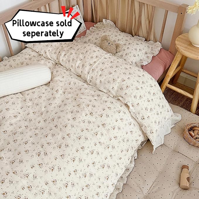 Beige Kids Toddler Baby Duvet Cover Girls Muslin Duvet Covers Floral Nursery Quilt Cover Gauze Bedding Coverlet, 47"x59", Crapemyrtle Print (No Pillowcases)