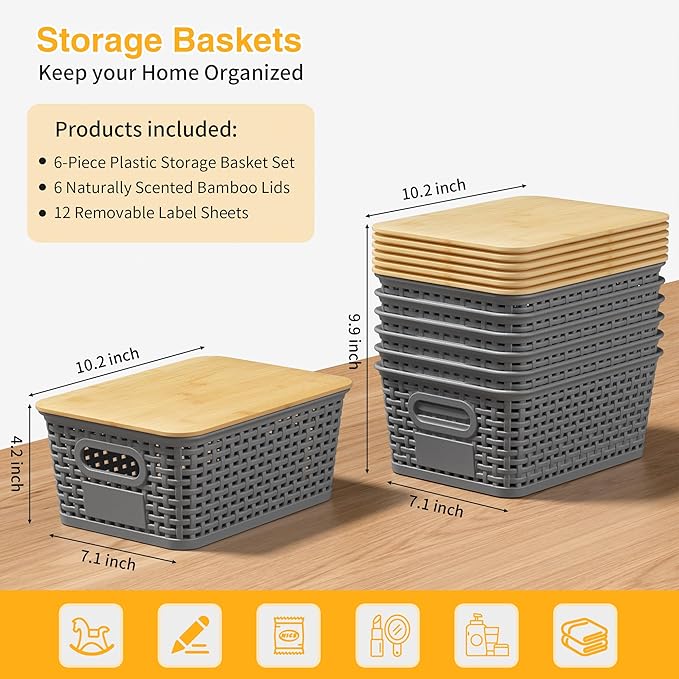 6 Pack Plastic Storage Baskets,Gray bamboo lid storage Box | Labels, Stackable, For Organizing Shelves Pantry Drawers Desktop Closets Organizing Desktop Closet Playroom Classroom