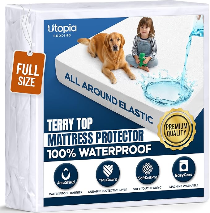 Waterproof Full Size Mattress Protector fits Upto 15" deep Mattresses | Utopia Bedding 200 GSM Soft & Breathable Mattress Cover, Dirt-Proof, Noiseless, Machine Washable Fitted Sheet Style, White