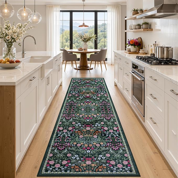 PLHXFR 2.6x10 Washable Runner Rug：Floral Indoor Kitchen Carpet Dark Green | For Hallway Bedroom Kitchen Laundry Bathroom Dorm,Vintage Floral,Machine washable,Non Slip,Stain Resistant,Indoor Floor