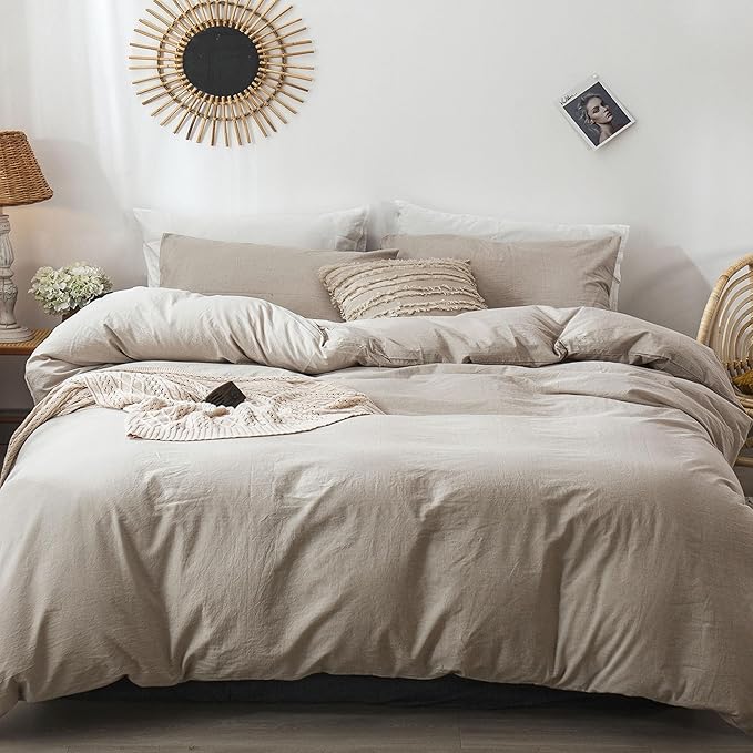 MooMee Duvet Cover Set 100% Washed Cotton Linen Like Cal King | Relaxed Linen-like Texture. Soft, Breathable & Long-lasting Comfort. Lightweight. Hidden Zipper with 8 Interior Corner Ties