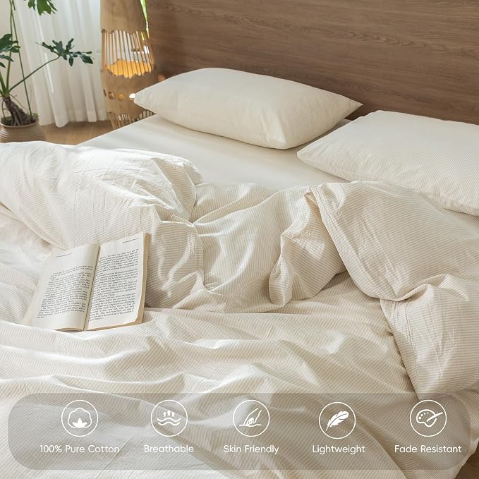 MooMee Striped Duvet Cover Set 100% Washed Cotton Linen Like Full | Relaxed Linen-like Texture. Soft, Breathable & Long-lasting Comfort. Lightweight. Hidden Zipper with 8 Interior Corner Ties