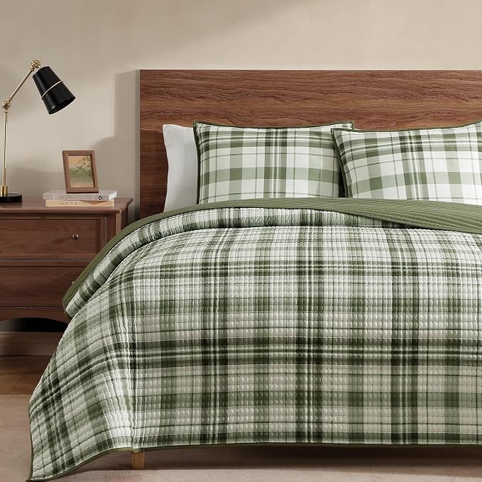 Twin Quilt-Lightweight Bedspread Plaid Quilt Twin Size Quilt Bedding Set | Green Reversible Coverlet for All Seasons, Suitable for Bed, Couch, 2 Pieces, 66"x92"