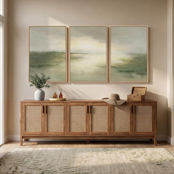 Large Framed Sage Green Abstract Landscape Wall Art for Living Room, 24x36 | Green nature pictures, Canvas print, Wood frame, 3 piece paintings, Modern rustic artwork, Wall decor for bedroom dining room