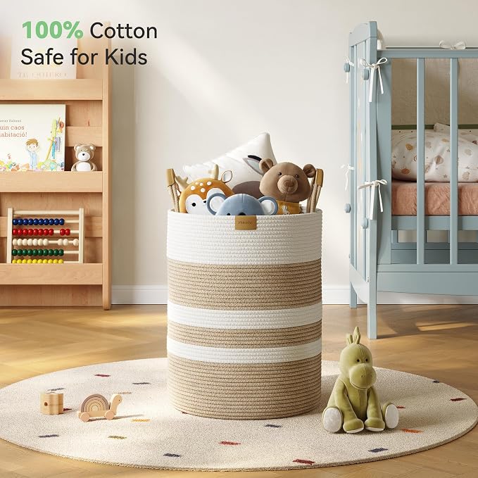 Nunsino 62L Striped Laundry Hamper with Leather Handles,Large Foldable Laundry Basket for Clothes,Cotton Rope Storage Bin for Blankets,Woven Clothes Basket for Bedroom, Beige Stripes