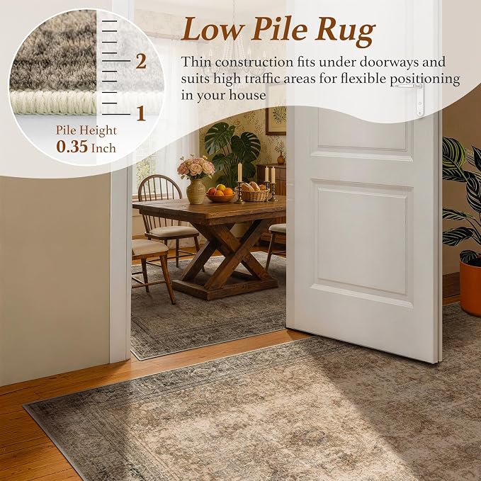 LIANLAM 2x6 Washable Area Rug, Vintage Boho Traditional Pattern, Non-Slip Stain Resistant Rug for Living Room Bedroom(2x6,Brown/Boho)