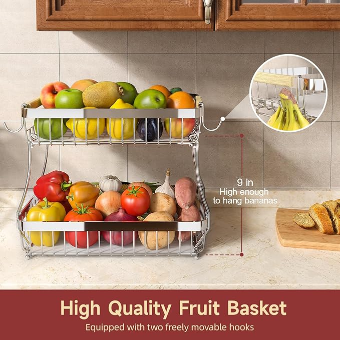 Sevenblue 2-Tier Fruit Basket with Banana Hangers, Detachable Metal Bowl | Wooden handle, protective mats included. Versatile holder for bread, snacks, and veggies. Large 2 tier metal design.