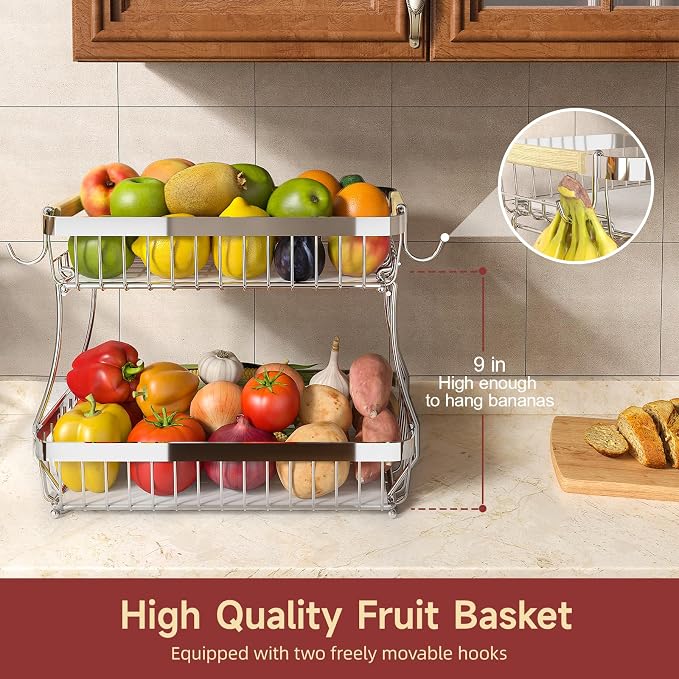Sevenblue 2-Tier Fruit Basket with Banana Hangers, Detachable Metal Bowl | Wooden handle, protective mats included. Versatile holder for bread, snacks, and veggies. Extra Large 2 tier metal design.