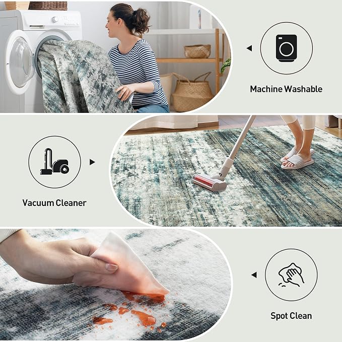 8x10 Area Rugs for Living Room: Washable Abstract Teal Green Badroom Carpet | Non-slip TPE backing makes this washable soft low-pile rug safe & durable, Pet-friendly decor for dining room,nursery,office