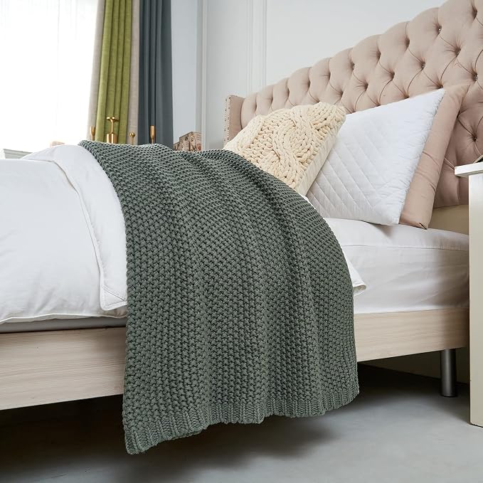 Chunky Cable Knit Throw Blanket Lightweight Grey 100% Organic Cotton Blanket for Sofa Couch Bed Baby Nursery, Rustic Shabby Chic Modern Farmhouse, Gray 60” x 80” Give Laundering Bag