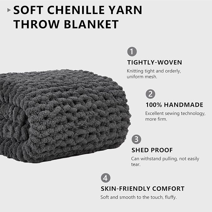 L'AGRATY Chunky Knit Throw Blanket for Couch, 50 x 60 Inches, Dark Grey | Handmade Chenille Crochet Blanket for Sofa Bed, Thick Cable Knitted Blankets for Room Home Decor, Birthday Gift for Women Mom