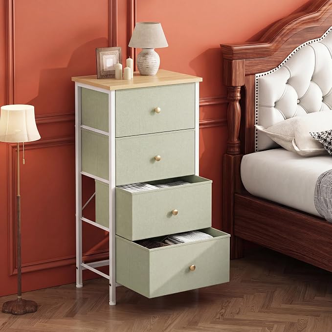 DUMOS Nightstand, Bedside Table with 4 Fabric Drawers | Night Stand with Removable Bins, Steel Frame Wood Top, Small Dresser for Bedroom Closet, Living Room, Light Green