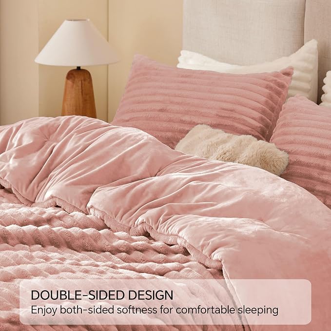 BEDELITE Fleece Oversized Queen Comforter Set, Fluffy Bed Set, Dusty Pink | Super Soft & Warm Bedding, Luxury Fuzzy Faux Fur Comforter for Winter, Heavy Plush Bedding, with 2 Pillowcases