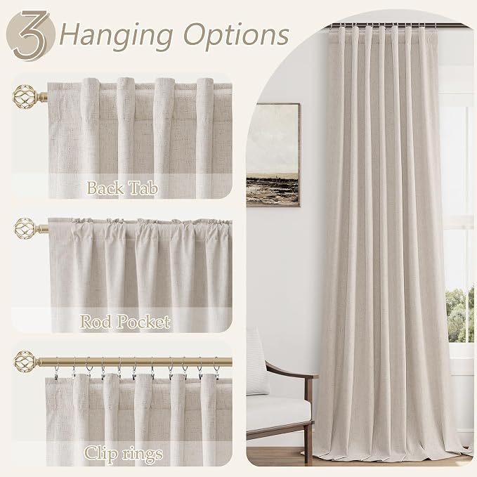 100% Blackout Curtains 102 Inch Length 2 Panels Set for Living Room Bedroom Back Tab Thermal Insulated Black Out Linen Drapes Room Darkening Window Curtains 102 Inches Long, Sand Beige