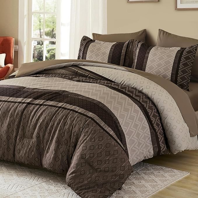 Cottolester Boho Fall Comforter Set Queen Size,Striped Bed in a Bag | Light Brown Plaid Comforter Set,7 Piece Soft Microfiber Bedding Sets