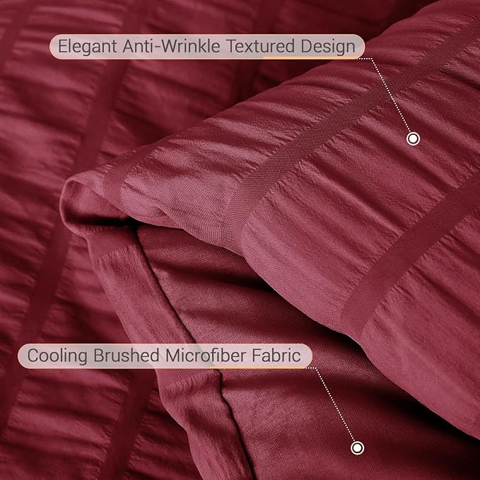 7 Pieces Oversized King Comforter Set, Seersucker Bed in a Bag Oversized King Size, All Season Luxury Bedding Set with Comforter, Flat Sheet, Fitted Sheet, Pillowcases & Shams, Burgundy