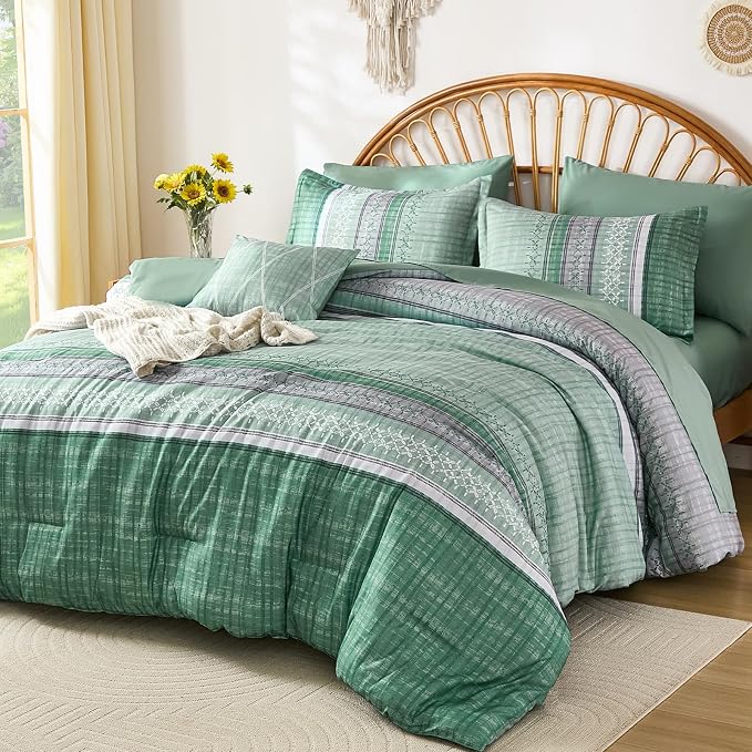 Boho Queen Comforter Size Set, 8 Pieces Sage Green Striped Texture Bed in a Bag Bedding Sets, Lightweight Soft Comforter and Sheet Set, All Season Microfiber Teen Boys Bedding Sets for Men Women