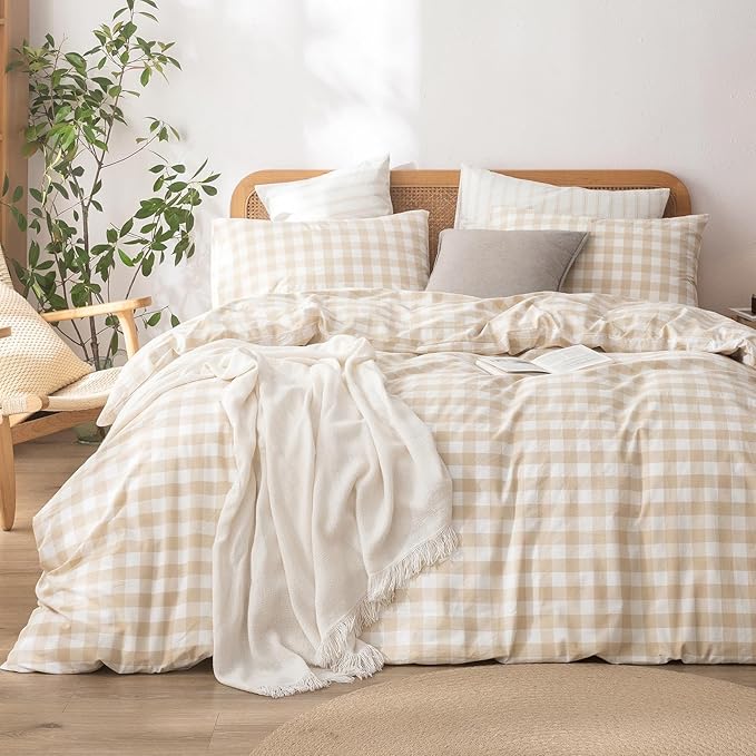 BESTOUCH Gingham Cotton Duvet Cover Set Almond Grey King | Washed Cotton, Linen Feel, Soft Wrinkle Texture, Hidden Zipper, 8 Ties, Breathable Lightweight Durable Comfy, 3 Pcs No Insert