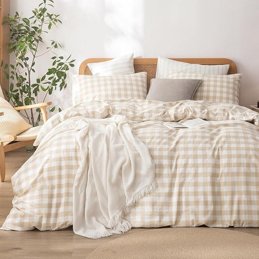 BESTOUCH Gingham Cotton Duvet Cover Set Almond Grey Queen | Washed Cotton, Linen Feel, Soft Wrinkle Texture, Hidden Zipper, 8 Ties, Breathable Lightweight Durable Comfy, 3 Pcs No Insert