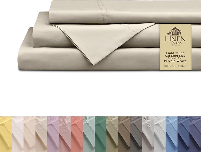 Linen Home 100% Cotton Percale Sheets Twin XL Size, Light Taupe, Deep Pocket, 3 Pieces Set- 1 Flat, 1 Fitted and 1 Pillowcase, Crisp Cool and Long Staple Strong Bed Linen