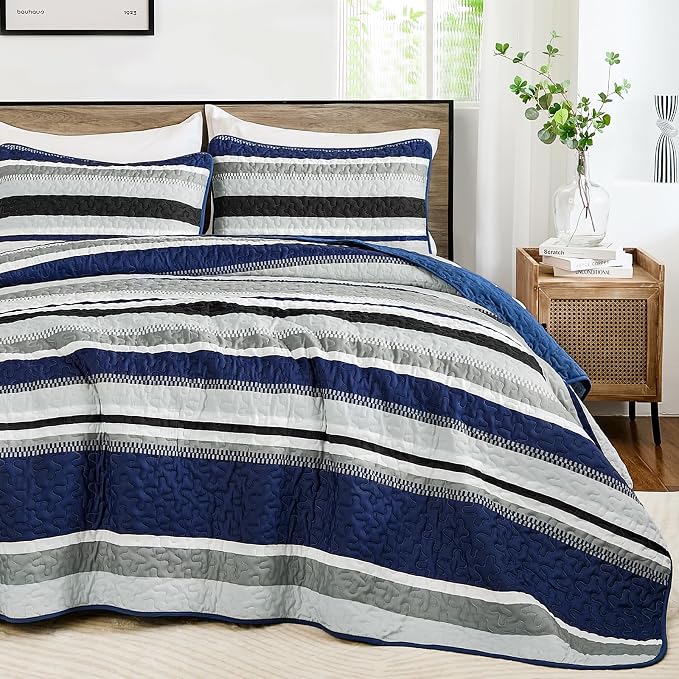 WONGS BEDDING Full Striped Quilt Set, Navy Blue Lightweight Bedspread | Lightweight Microfiber Coverlet, Breathable All-Season, Machine Washable, 3-Piece Set 90"x78", Great for Men Boys Dorm Room