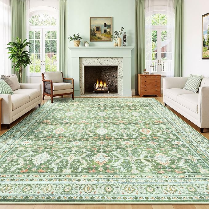 Area Rugs 8 x 10 for Living Room,Large Washable Carpet Light Green | Durable Stain Resistant,Kid Pet Friendly,Compatible with All Vacuums,0.25inch Low Pile for Bedroom Dining Room Home Office