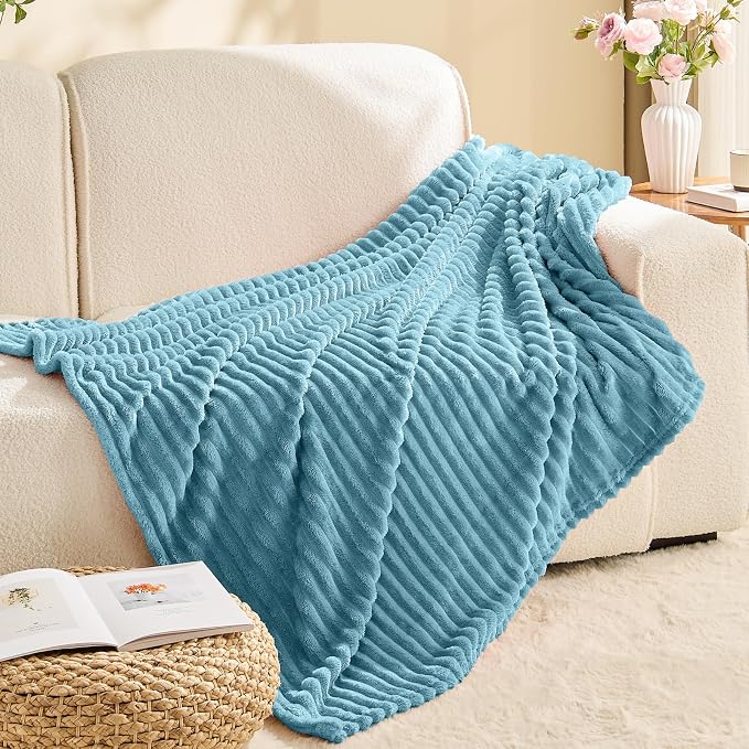BEDELITE 3D Ribbed Washed Blue Fleece Throw Blanket for Couch, 50x60 Inch | Soft Warm Decorative Fluffy Blanket, Cozy Plush Lightweight Fuzzy Throw Blanket for Bed Sofa Home Room Decor, Gift for Women