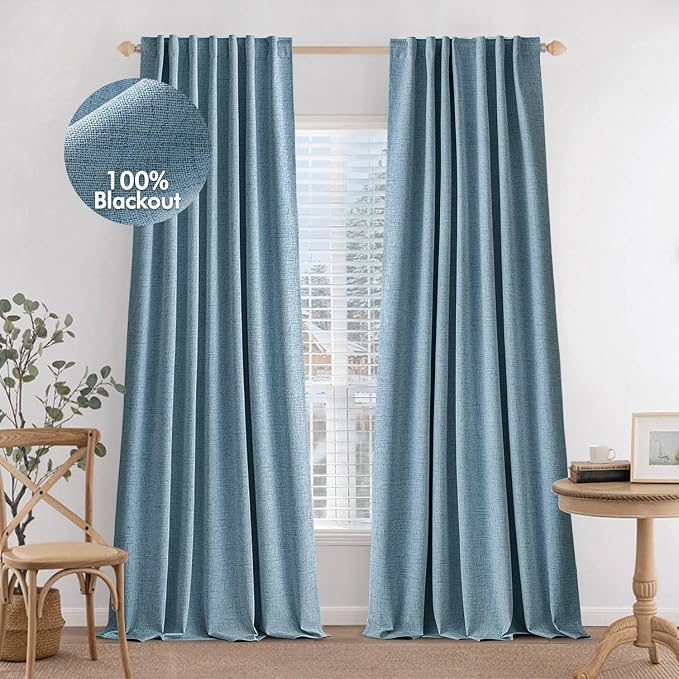 MIULEE 100% Blackout Curtains 84 inches Long Linen Curtains & Drapes for Bedroom Back Tab Living Room Darkening Full Black Out Window Curtain Panels Rod Pocket, Slate Blue, 2 Panels Set
