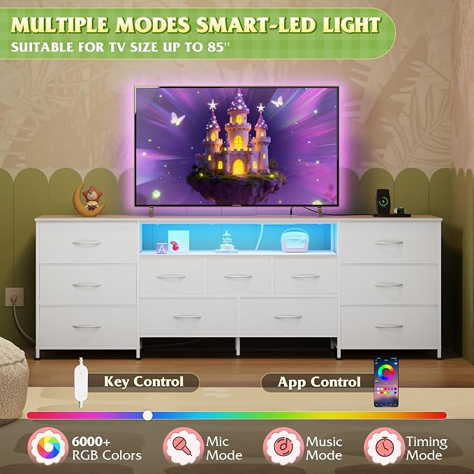 WLIVE Long LED Dresser TV Stand for 85 Inch TV, 11 Drawers, White | Fits TVs up to 85 inch, 11 fabric drawers, LED chest of drawers, Built-in power outlet, Living room or bedroom