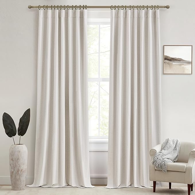 QJmydeco 100% Blackout Curtains for Bedroom, 100 Inch Living Room Faux Linen Designer Custom Drapes for Windows Treatments Insulated 2 Panels,Cream Ivory (W50 xL100 Inches Long 2Pcs)