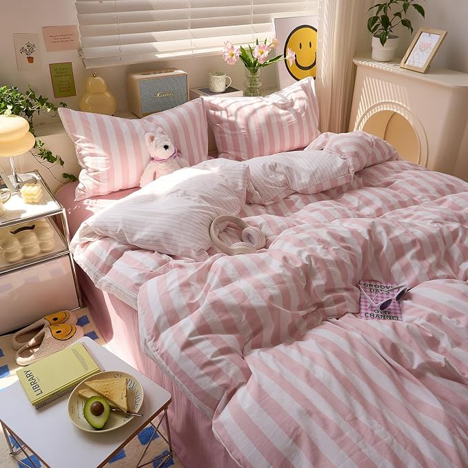 LifeTB Peach Pink Striped Comforter Set Full, 3 Piece Vintage Stripes Pattern Printed Bedding Set, Breathable Soft Farmhouse Striped Bedding Comforter Full Size, Cozy Lightweight Pink Comforter Set